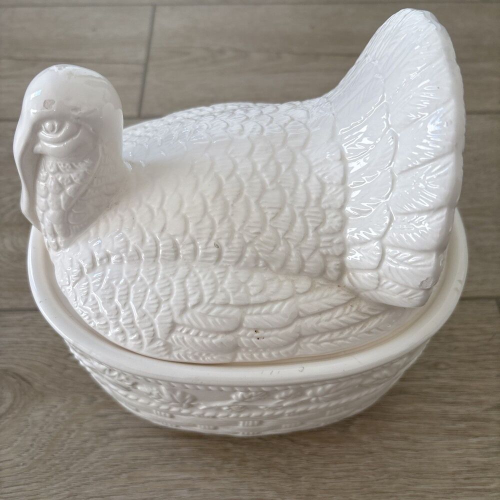 Turkey On Nest  Basket Ceramic Covered Dish Thanksgiving White ABC Distributors